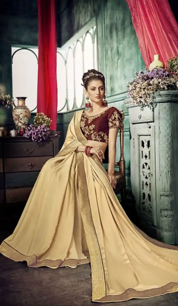 Captivating Cream Color Chiffon Embroidery Sarees | 356142100