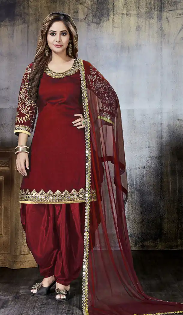 Red Color Art Silk Heavy Glass Work Punjabi Suit | 358542440