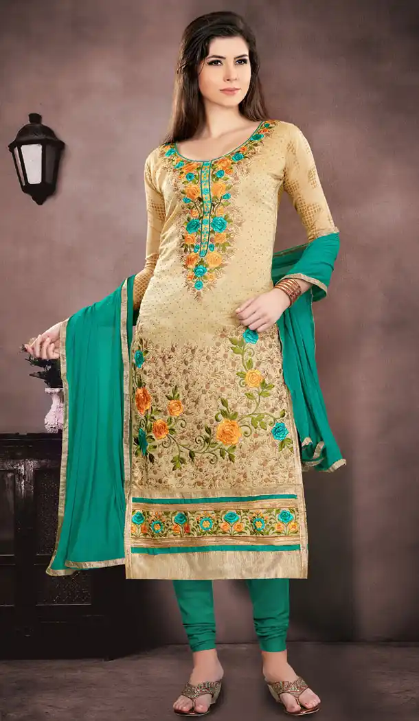 Divine Beige Color Chanderi Casual Wear Salwar Kameez | 353841849