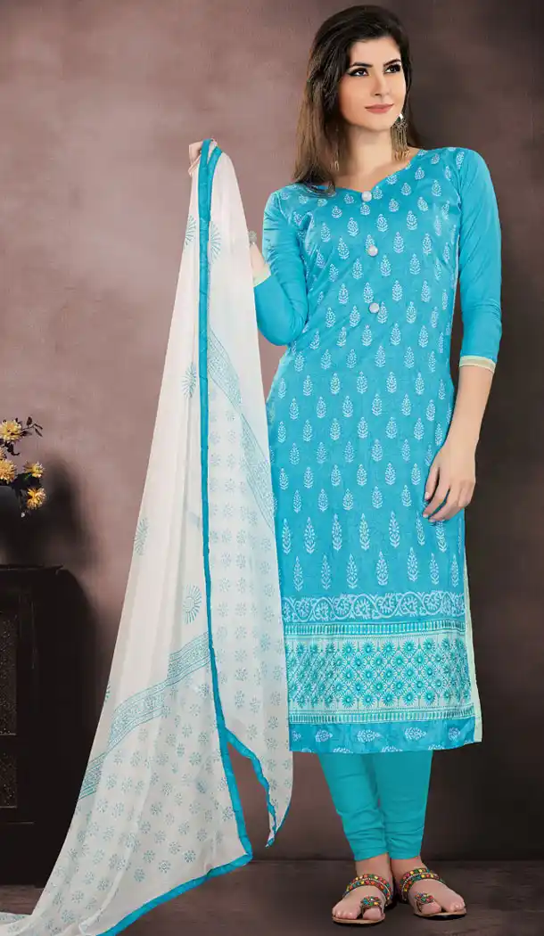 Sky Blue Color Cotton Casual Wear Salwar Kameez | 353841851