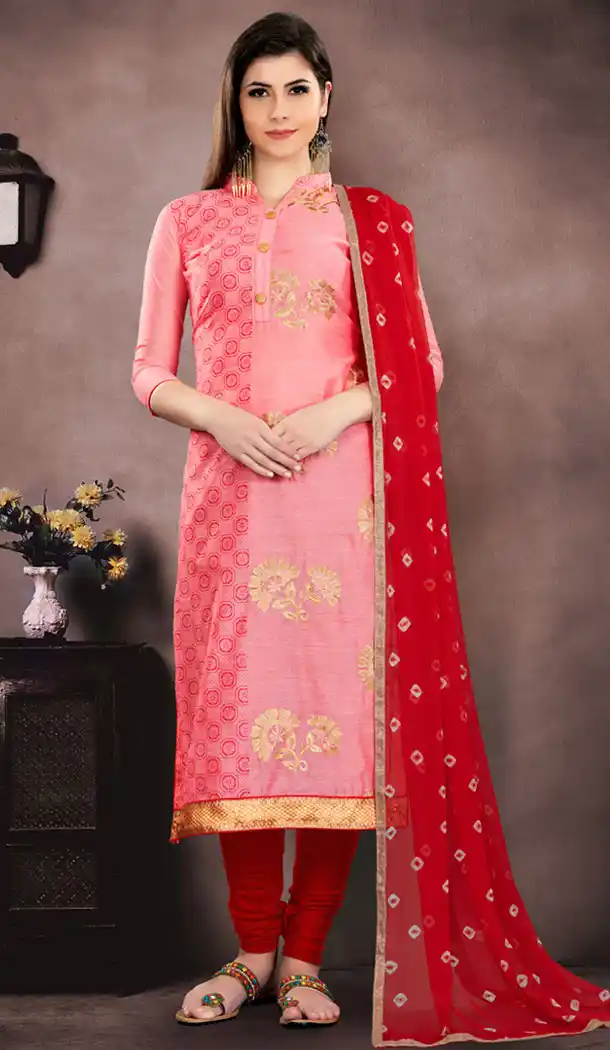Baby Pink Color Chanderi Casual Wear Salwar Kameez | 353841852
