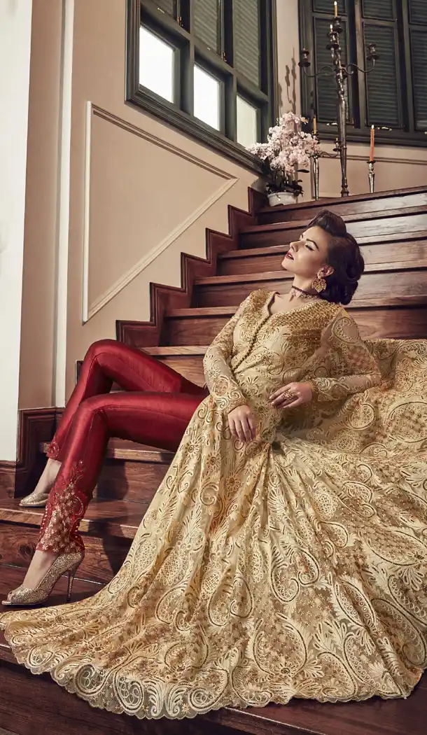 Sparkling Cream Color Premium Net Designer Wear Salwar Kameez | 358442431
