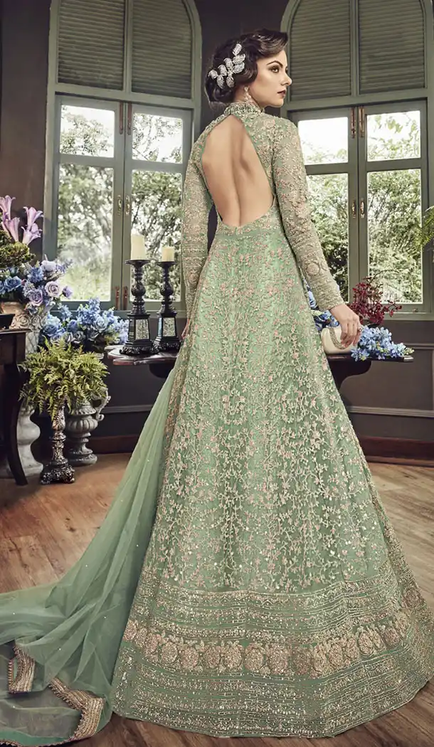 Dazzling Light Green Color Butter Fly Net Designer Wear Salwar Kameez | 358442434