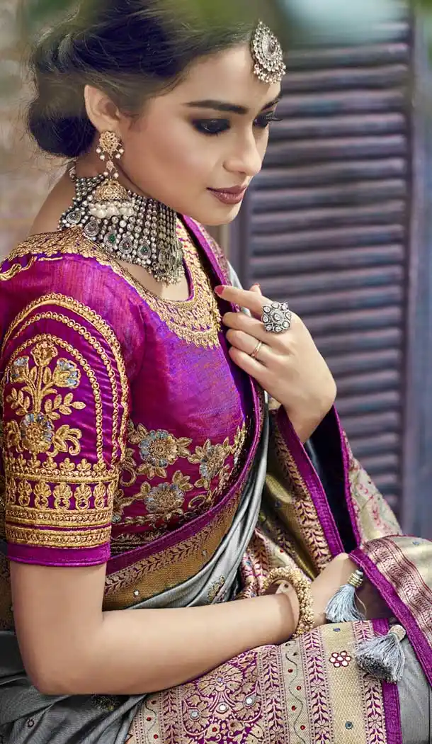 Grey Color Pure Banarasi Silk Designer Saree | 358142409