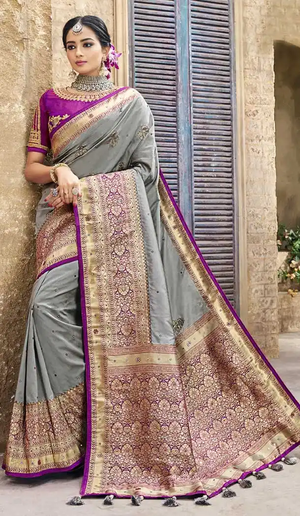 Grey Color Pure Banarasi Silk Designer Saree | 358142409