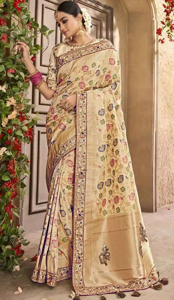 Ethnic Beige Color Pure Banarasi Silk Designer Saree | 358142417