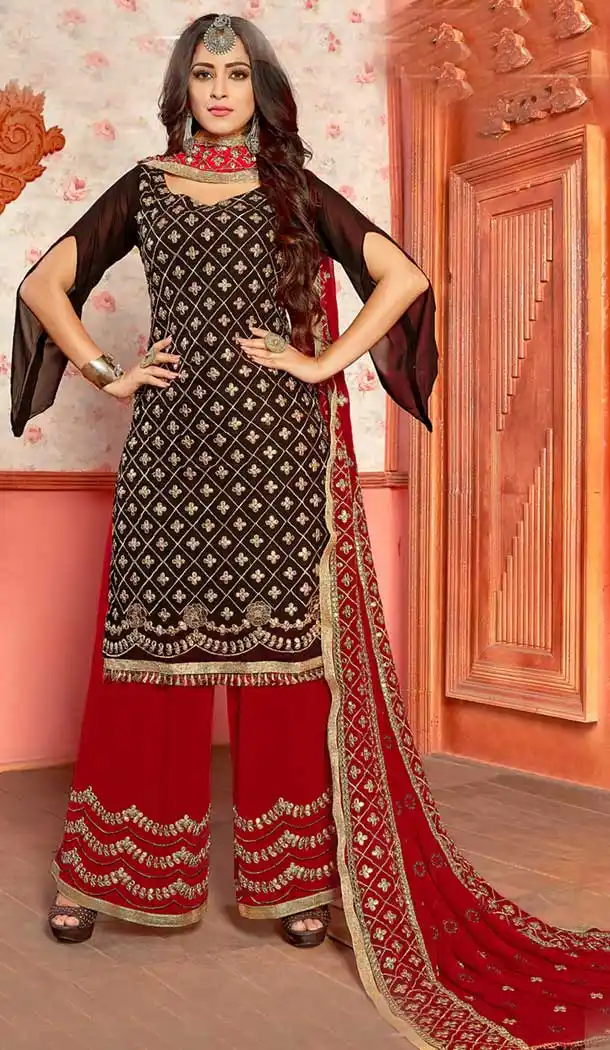 Wine Color Georgette Party Wear Sharara Suit | 360242750