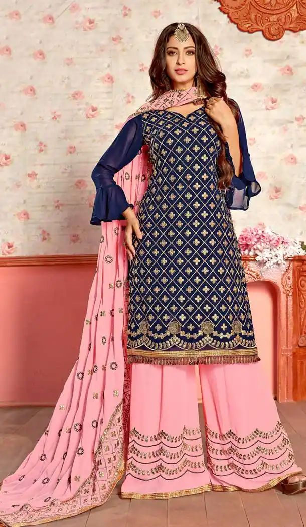 Dark Blue Color Georgette Party Wear Sharara Suit | 360242753