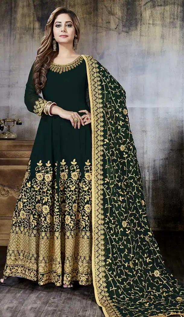 Green Color Faux Georgette Long Anarkali Churidar Suit | 358242420