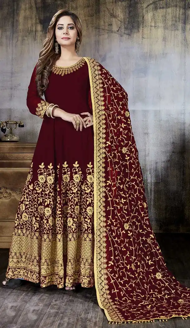 Maroon Color Faux Georgette Long Anarkali Churidar Suit | 358242422