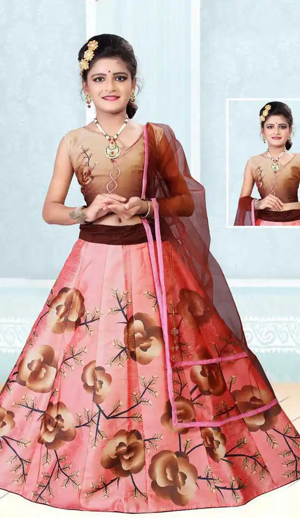 Peach Color Silk Kids Girl Elsa Ghagra Choli | 362042969