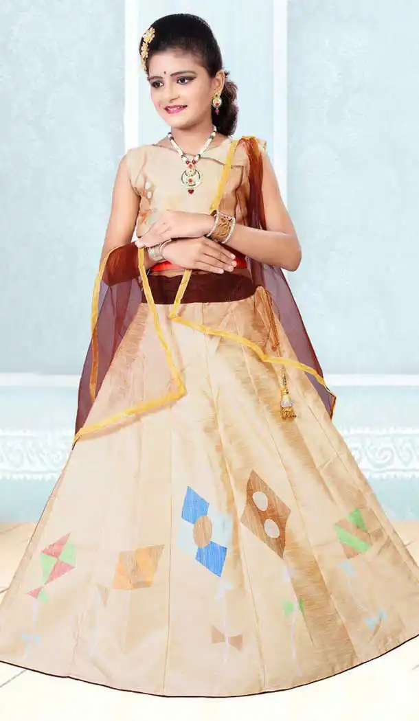 Cream Color Silk Kids Girl Elsa Ghagra Choli | 362042973