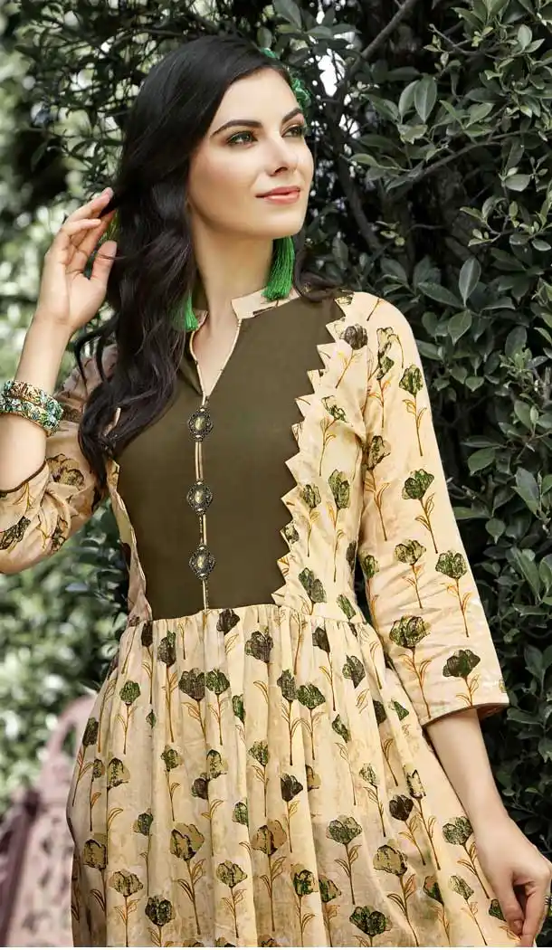 Cream Color Heavy Rayon Trendy Designer Readymade Kurti | 366743574