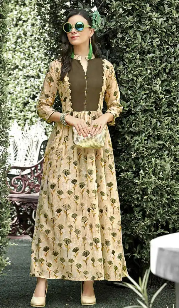 Cream Color Heavy Rayon Trendy Designer Readymade Kurti | 366743574