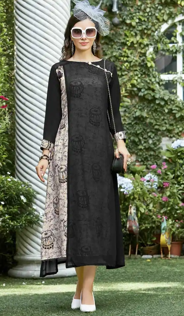 Black Color Heavy Rayon Trendy Designer Readymade Kurti | 366743575