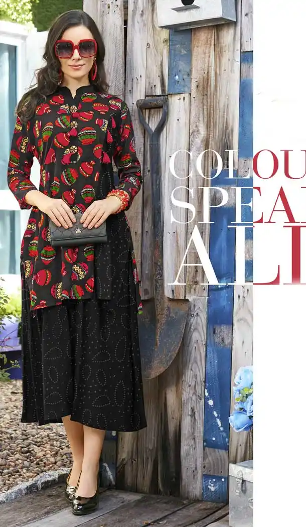 Black Color Heavy Rayon Trendy Designer Readymade Kurti | 366743577