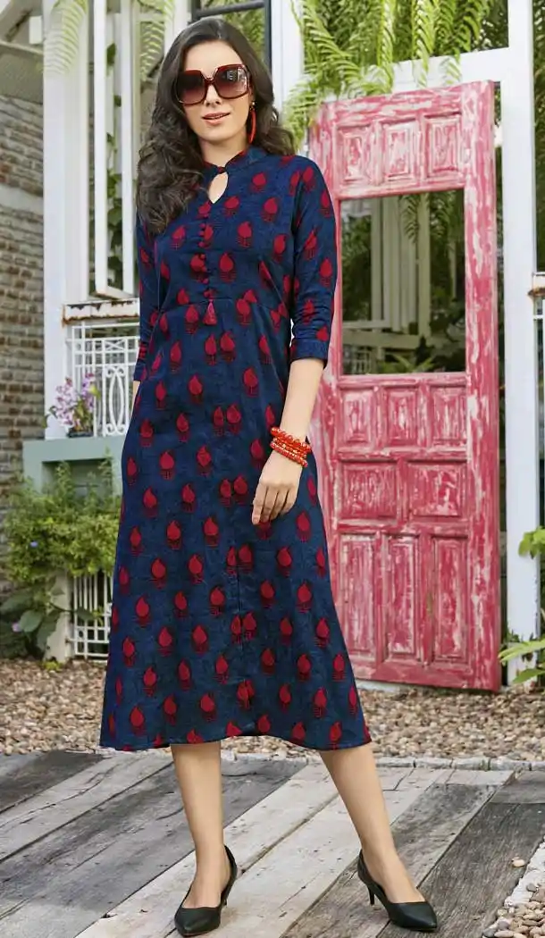 Navy Blue Color Heavy Rayon Trendy Designer Readymade Kurti | 366743578
