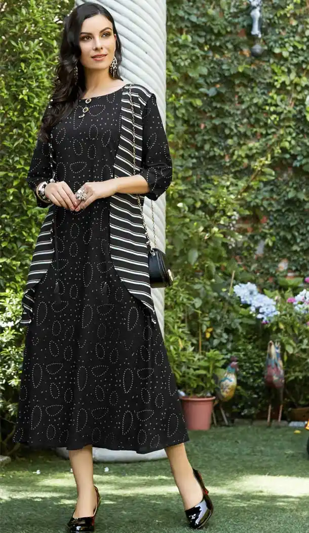 Black Color Heavy Rayon Trendy Designer Readymade Kurti | 366743579