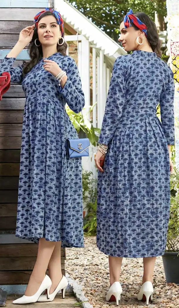 Navy Blue Color Heavy Rayon Trendy Designer Readymade Kurti | 366743580