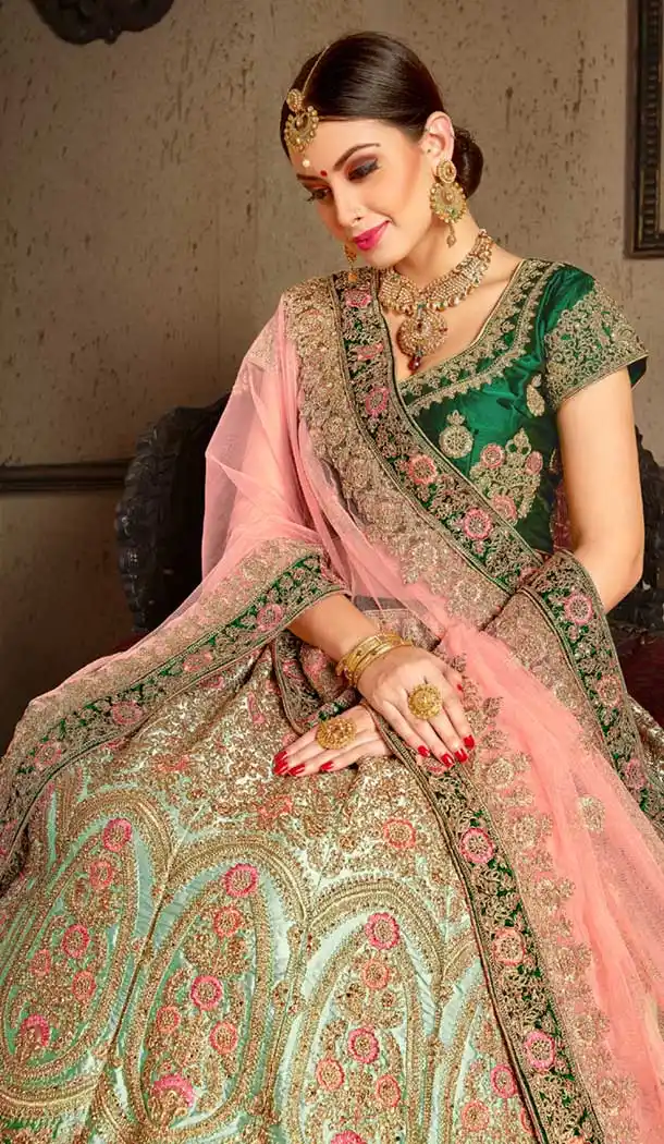 Green Color Naylon Satin Stone Work Wedding Lehenga | 365943464