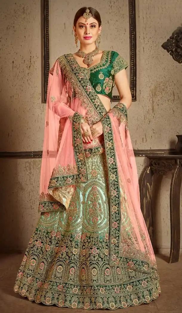 Green Color Naylon Satin Stone Work Wedding Lehenga | 365943464