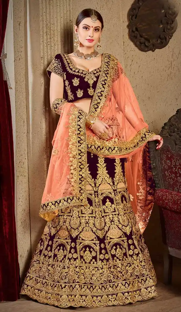 Wine Color Velvet Stone Work Wedding Lehenga | 365943465