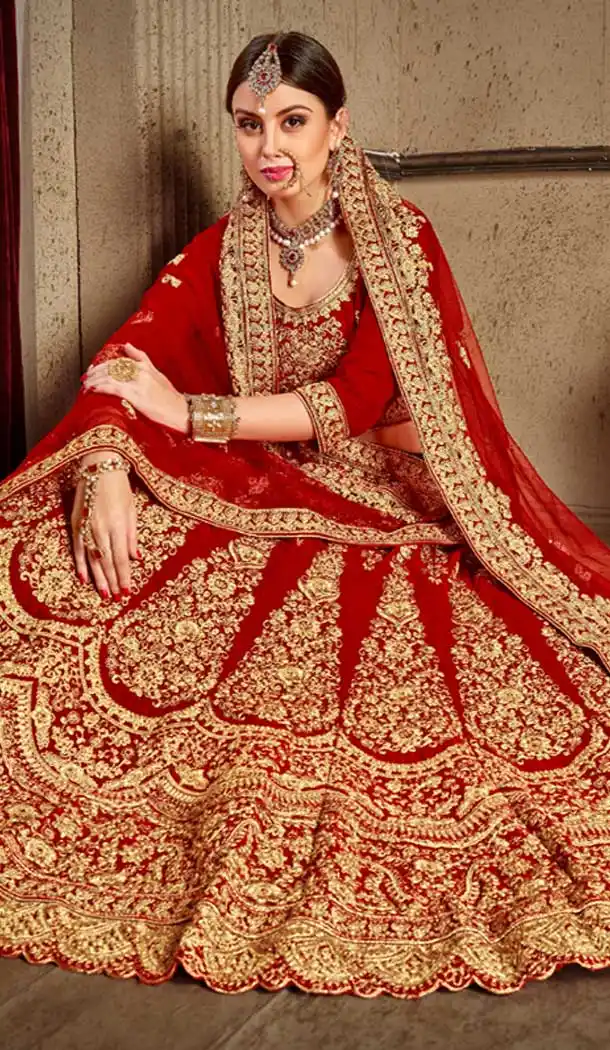 Red Color Velvet Stone Work Wedding Lehenga | 365943466