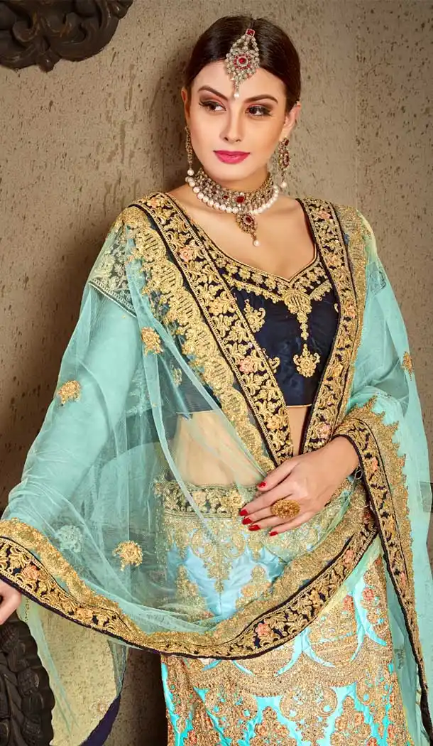 Sky Blue Color Naylon Satin Stone Work Wedding Lehenga | 365943467