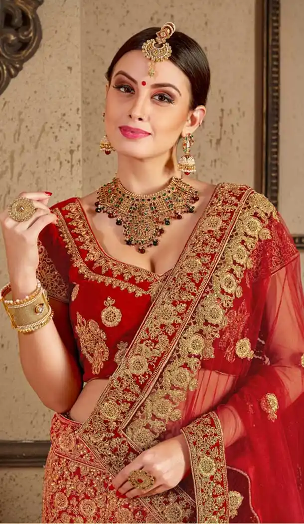 Red Color Velvet Stone Work Wedding Lehenga | 365943468