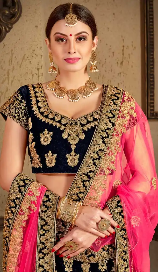 Navy Blue Color Velvet Stone Work Wedding Lehenga | 365943469