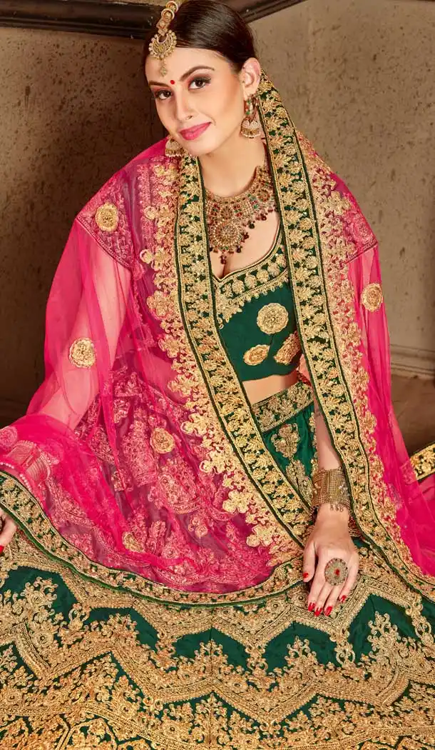 Green Color Naylon Satin Stone Work Wedding Lehenga | 365943470