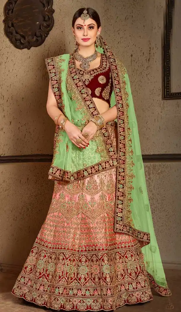 Peach Color Naylon Satin Stone Work Wedding Lehenga | 365943471
