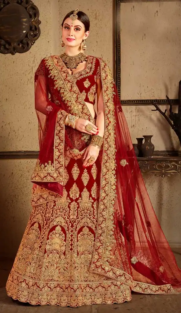 Maroon Color Velvet Stone Work Wedding Lehenga | 365943472
