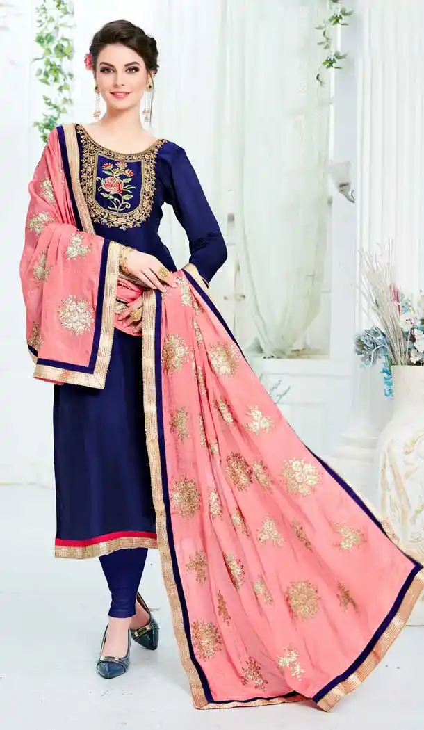 Dark Blue Color Pure Uppada Silk Churidar Suit | 360342755