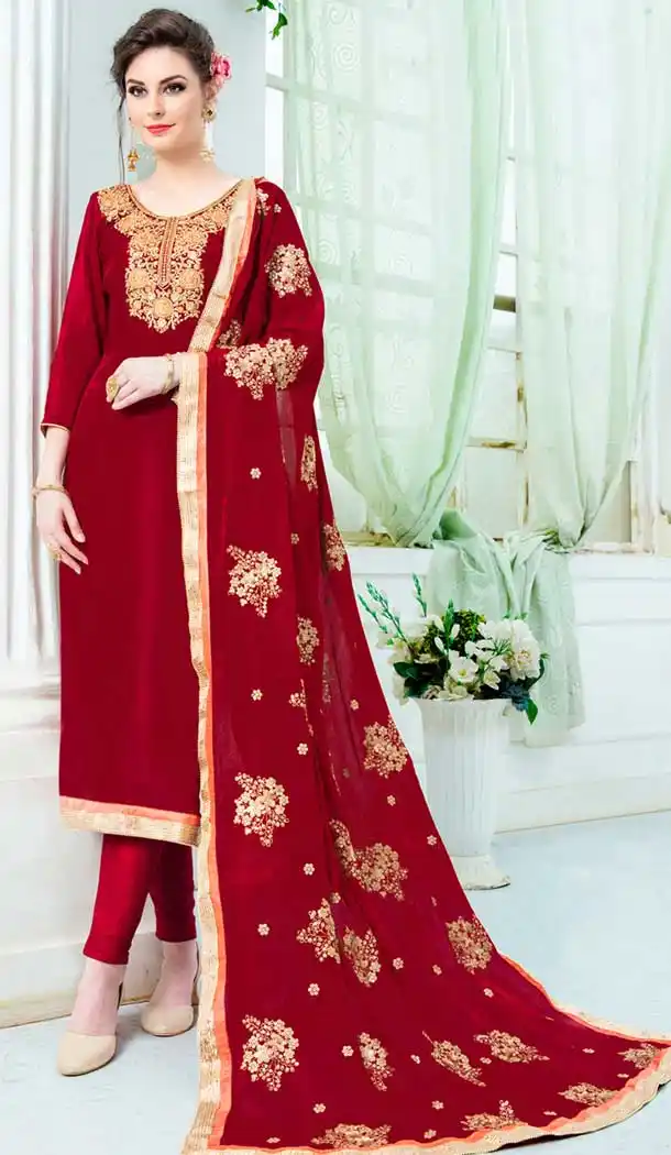 Red Color Pure Uppada Silk Churidar Suit | 360342756