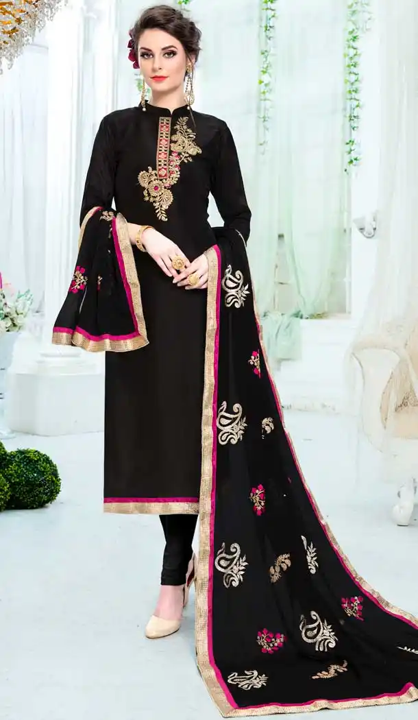 Black Color Pure Uppada Silk Churidar Suit | 360342758