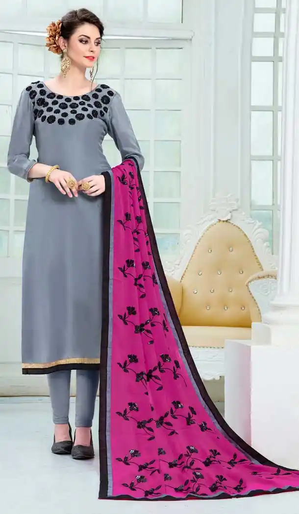 Grey Color Pure Uppada Silk Churidar Suit | 360342760
