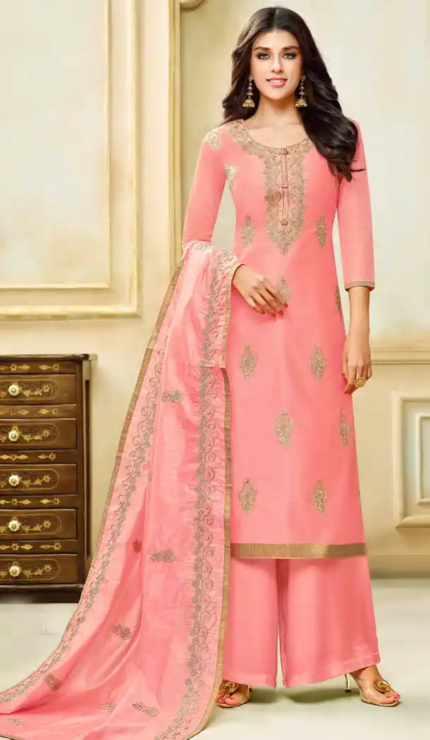 Peach Color Model Silk Embroidery Palazzo Suit | 361340908