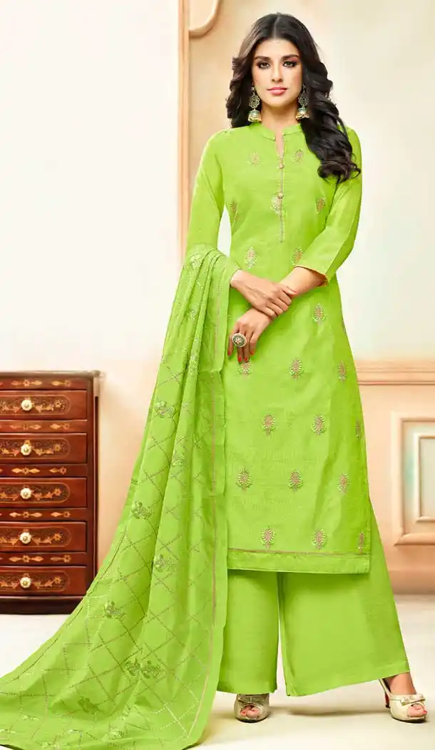 Green Color Model Silk Embroidery Palazzo Suit | 361340910