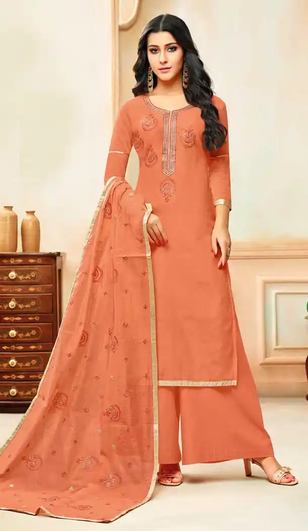 Orange Color Model Silk Embroidery Palazzo Suit | 361340911