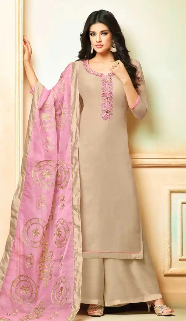 Grey Color Model Silk Embroidery Palazzo Suit | 361340912