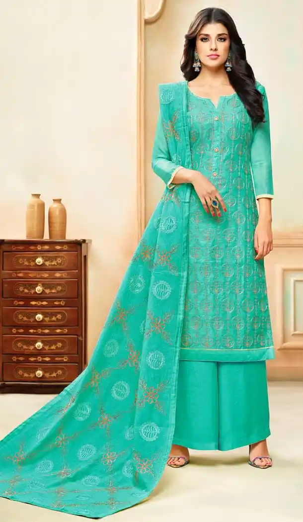 Aqua Blue Color Model Silk Embroidery Palazzo Suit | 361340913