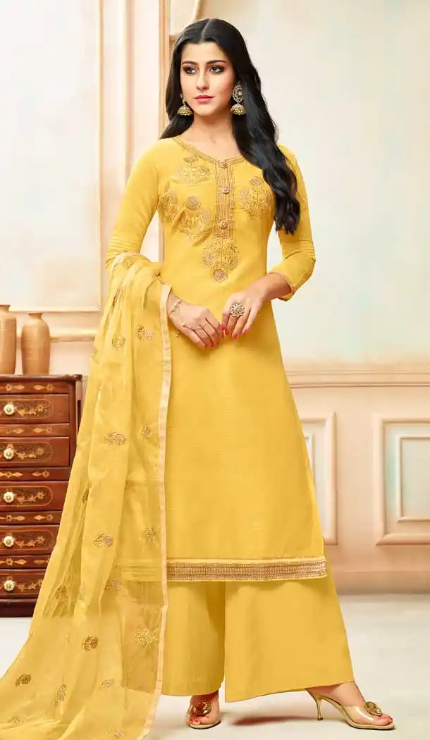 Yellow Color Model Silk Embroidery Palazzo Suit | 361340914