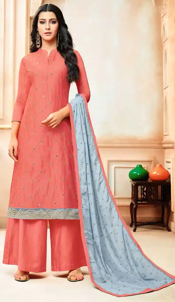 Orange Color Model Silk Embroidery Palazzo Suit | 361340916