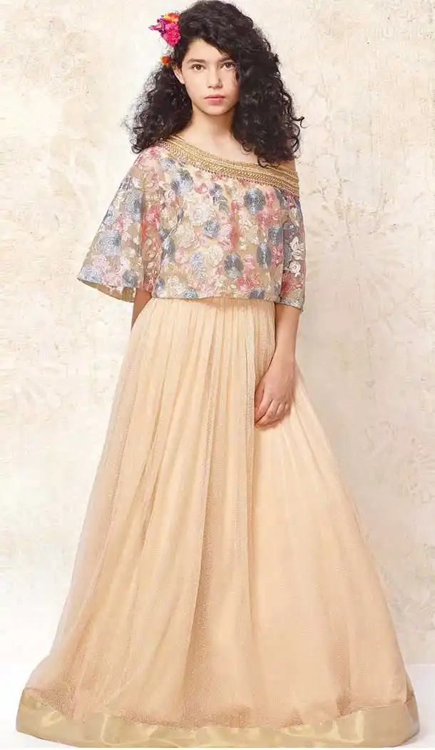 Beige Color Net Indo Western Style Girls Gown Dress | 366143498