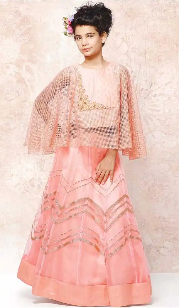Peach Color Net Indo Western Style Girls Gown Dress | 366143499