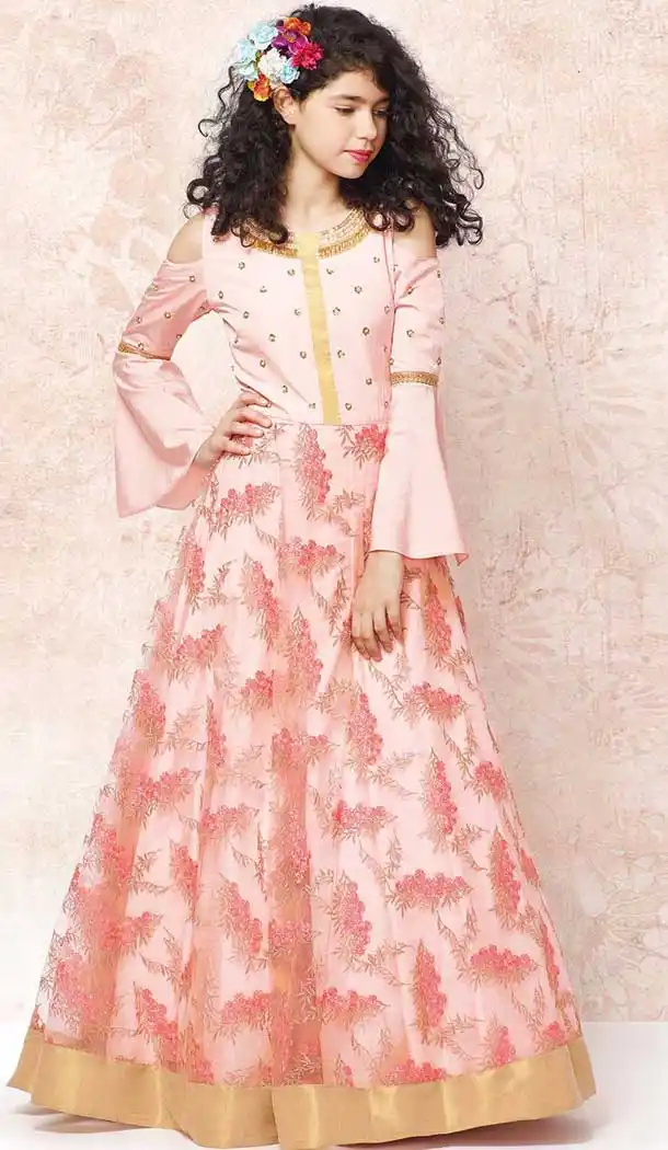 Light Pink Color Net Indo Western Style Girls Gown Dress | 366143500