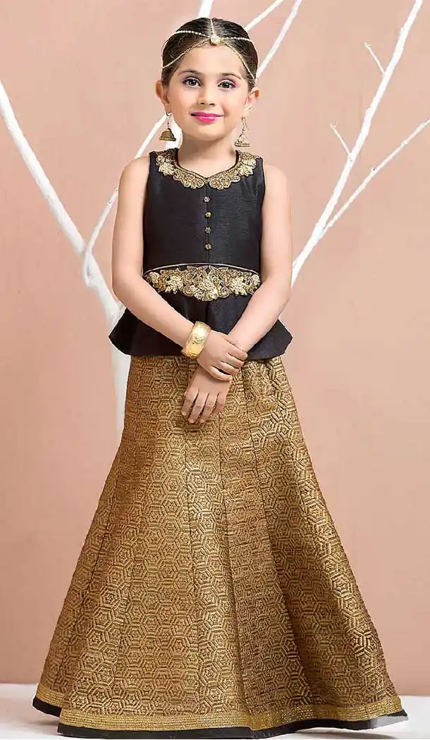 Gold Color Silk Indo Western Style Girls Gown Dress | 366143502