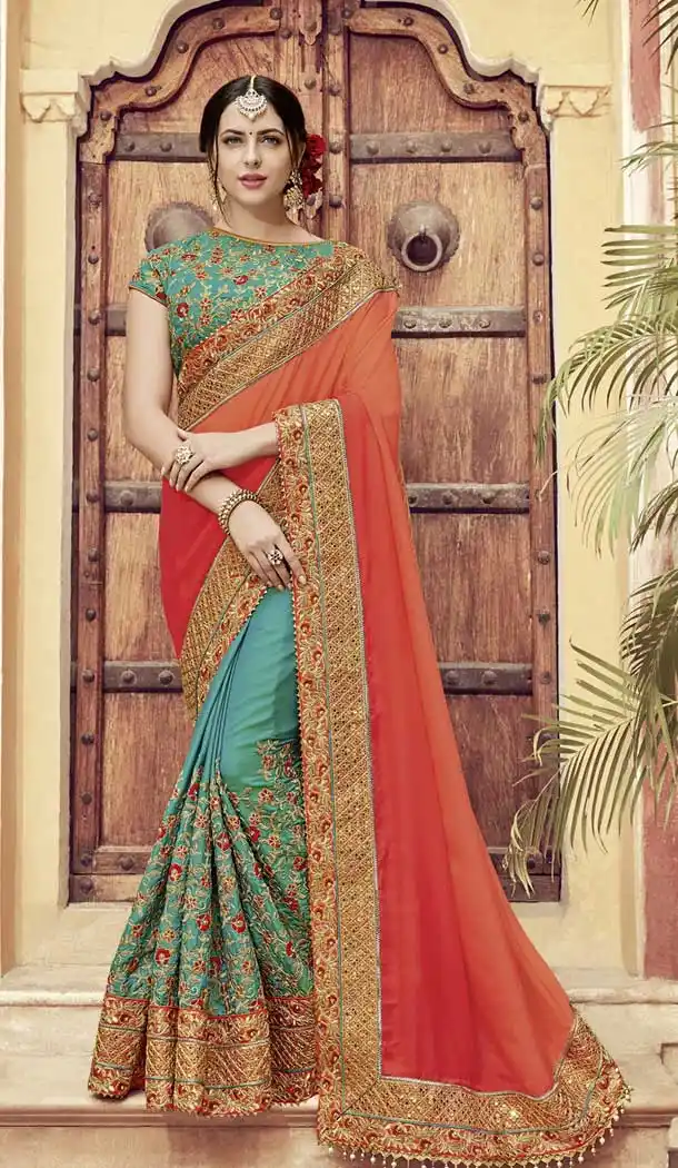 Orange and Green Color Tone shared Heavy Embroidery Saree | 367043593