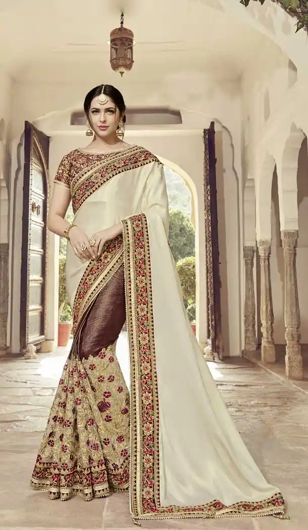 Beige and Maroon Color Satin Georgette Heavy Embroidery Saree | 367043594